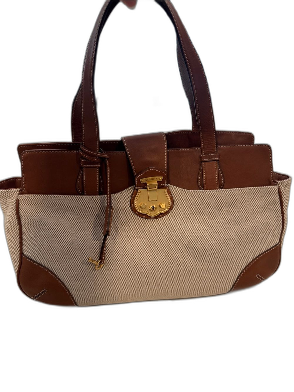 Talbots Canvas & Leather Tote Bag w/ Gold Metallic Hardware Closure